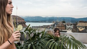 A balcony with a view of a lake and mountains, featuring a person holding a drink. - Base Nyon (Nyon)