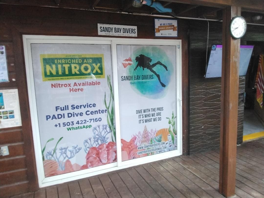 A PADI Dive Center sign with contact information and a dive advertisement.