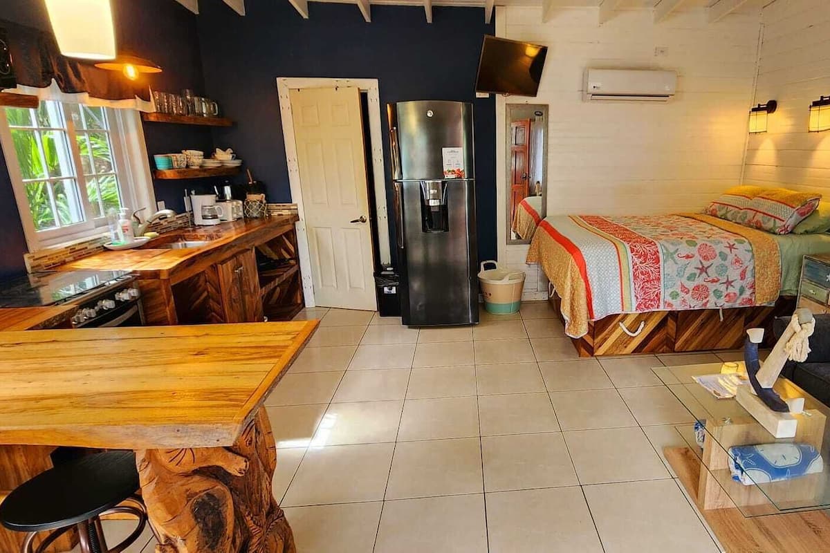 A compact living space with a kitchen, dining area, and a bed.
