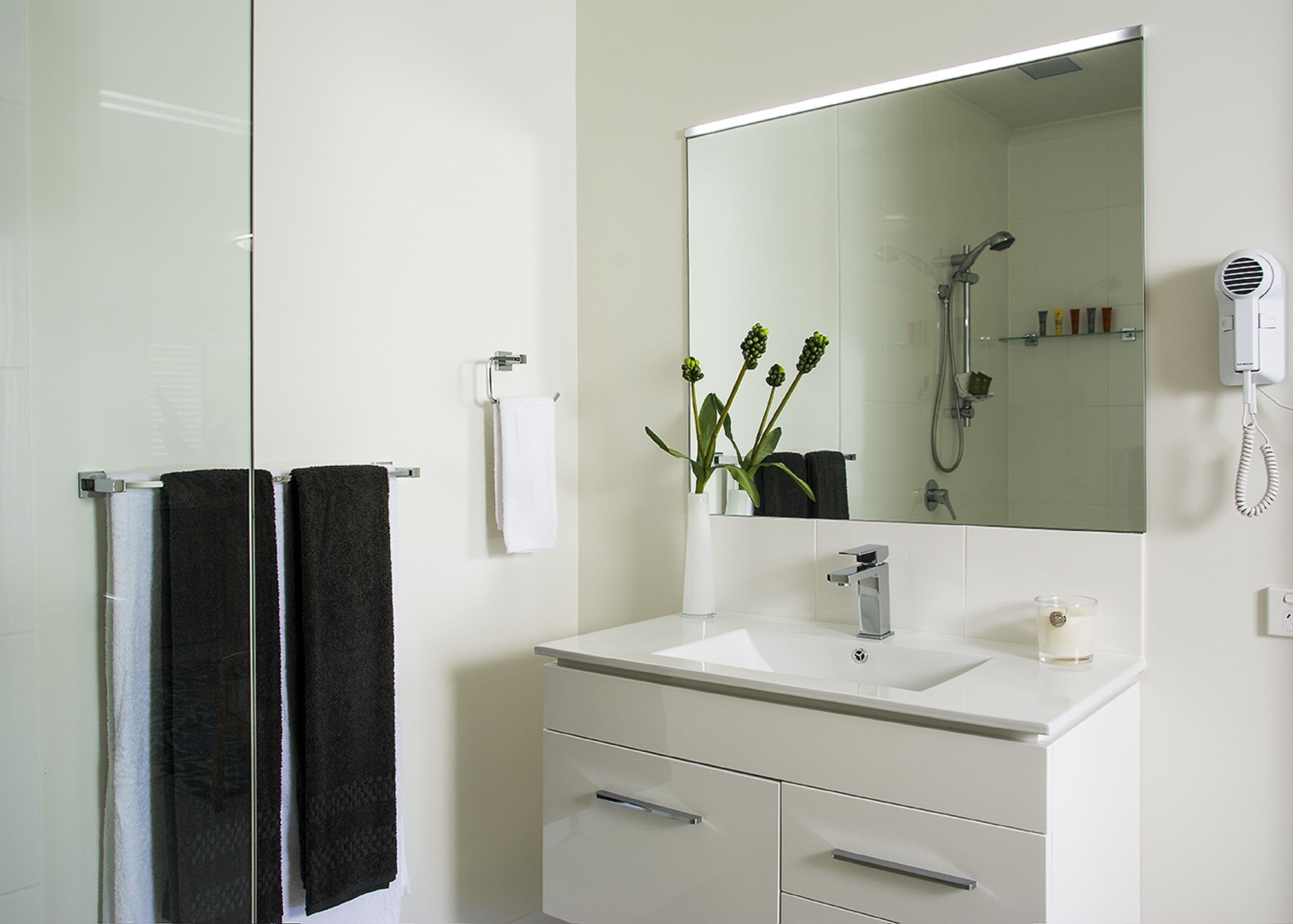 shower, free toiletries, hair dryer, towels