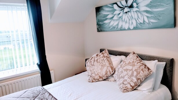 A bedroom with a bed, floral-patterned pillows, a window with curtains, and a wall-mounted painting. - Millie and Charley's Apartments (Londonderry)