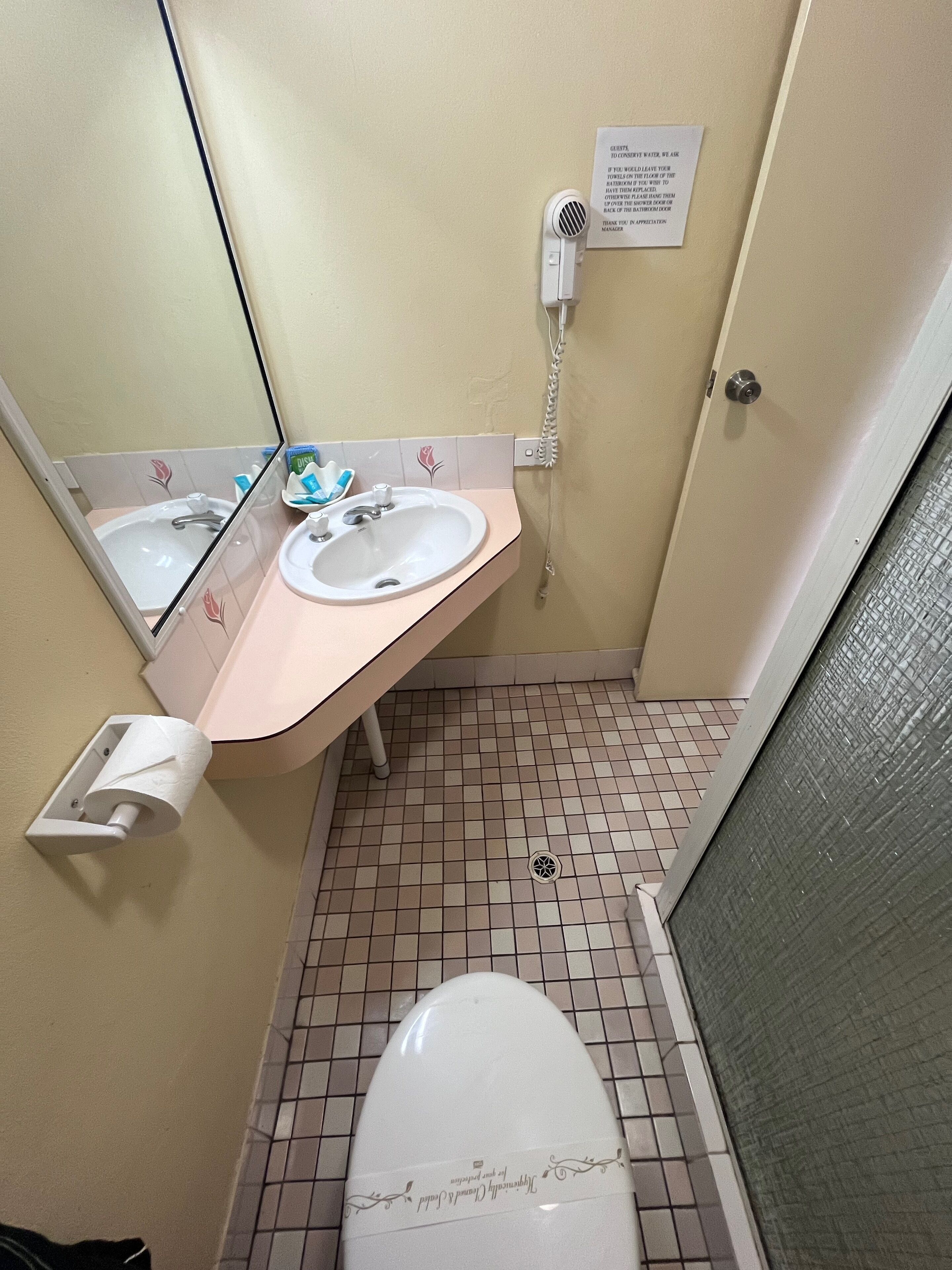 Shower, free toiletries, hair dryer, towels