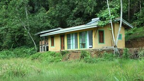 A single-story house with a stone foundation, surrounded by lush greenery and a small body of water. - Sinharaja Forest Edge (Deniyaya)