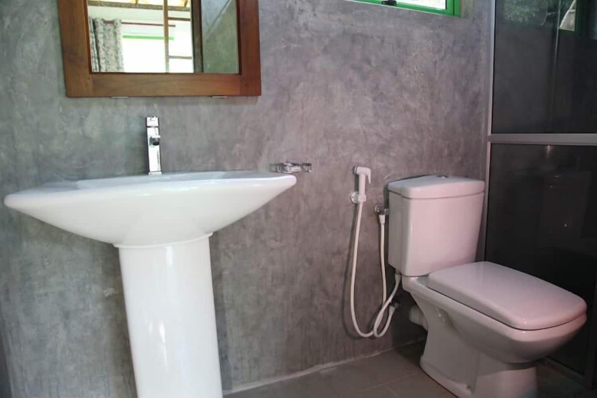 A bathroom with a white pedestal sink, a toilet, and a shower area.