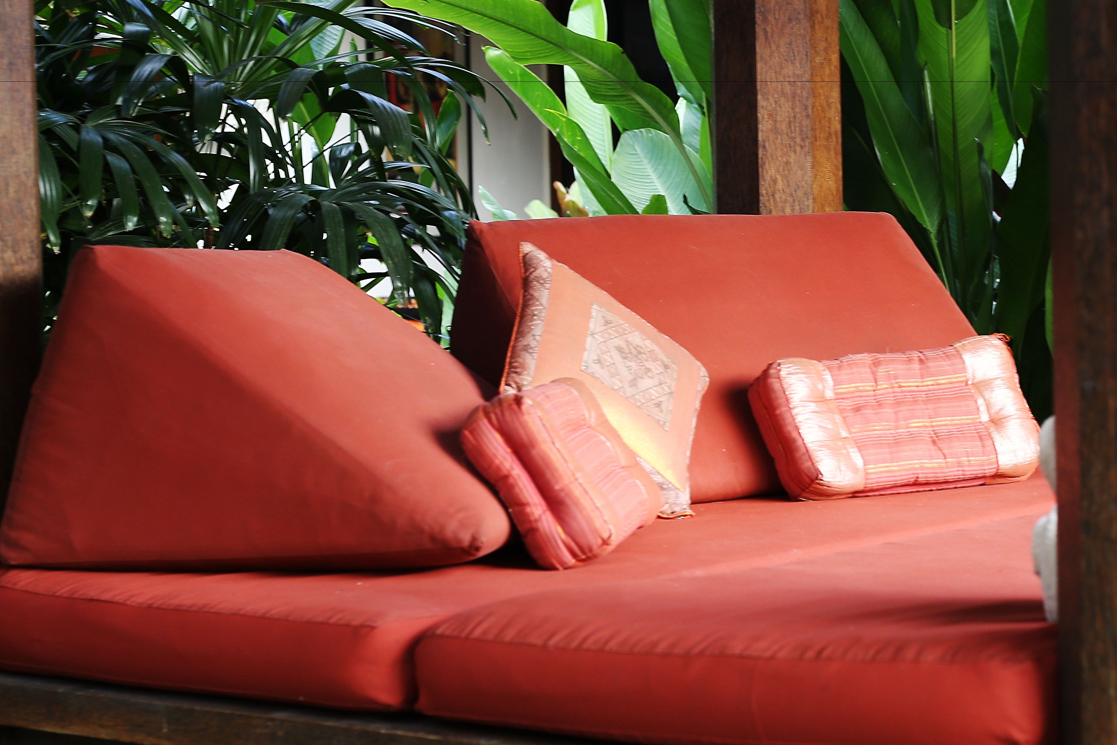 A red cushioned sofa with patterned cushions in a room with large green plants.