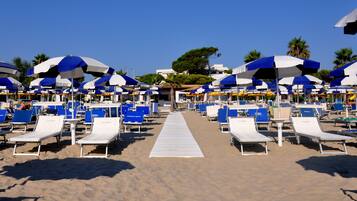 Une plage bordée de rangées de chaises longues et de parasols, avec une allée centrale et des palmiers en arrière-plan.