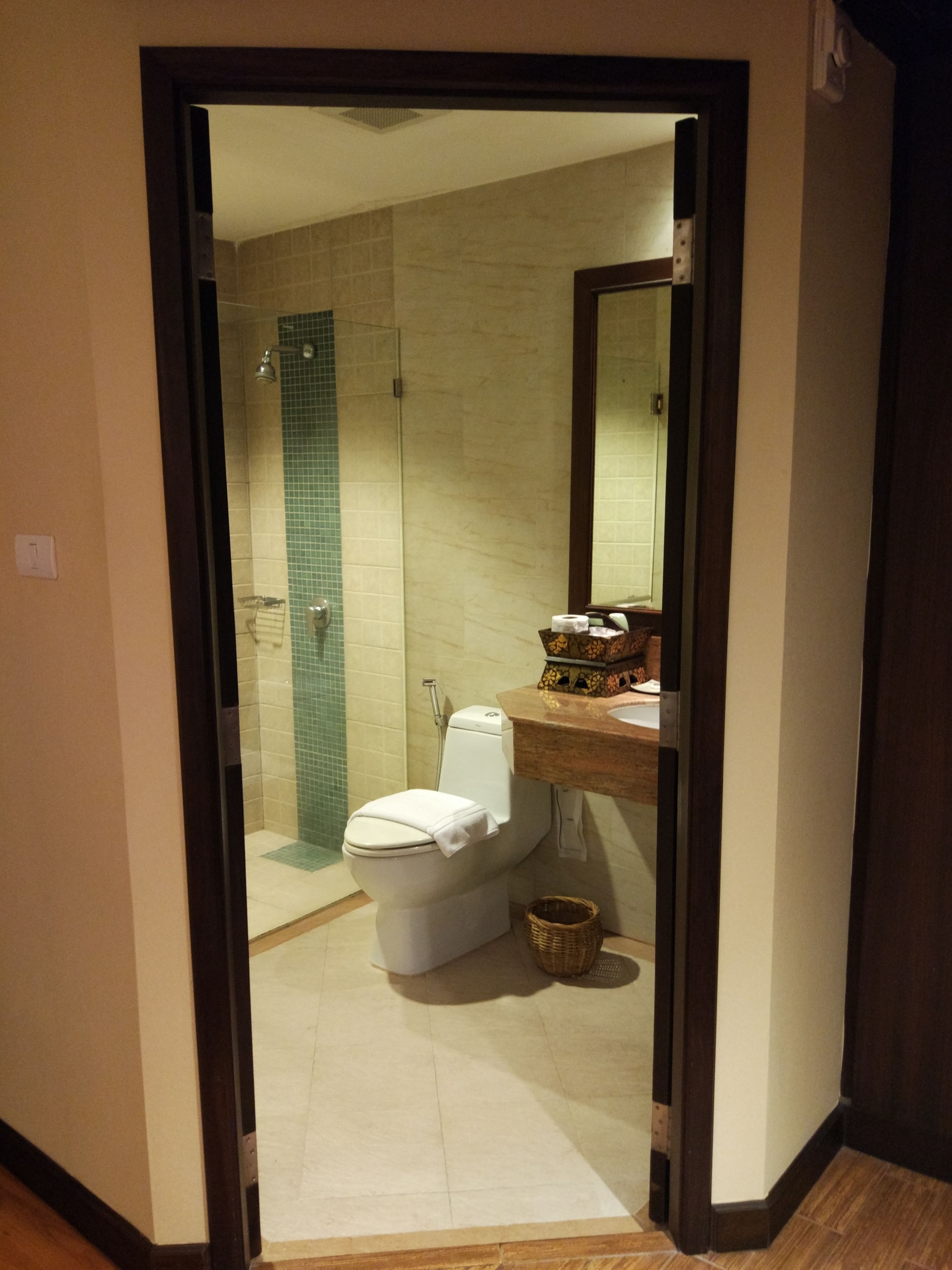A bathroom with a toilet, a shower, and a sink.