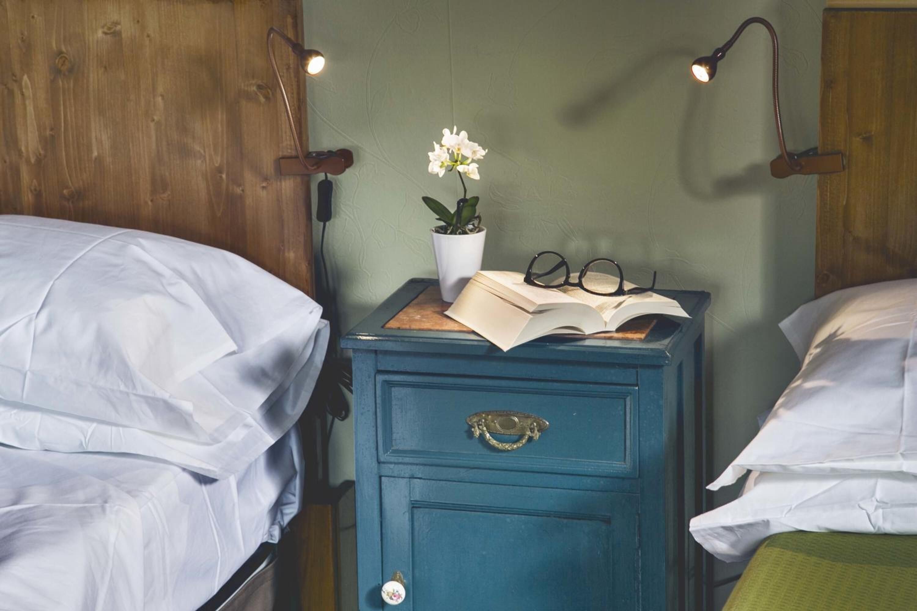A bedroom with two beds, a nightstand with a book, glasses, and a potted plant.