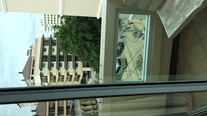 A view from a window overlooking a parking area with a tree and buildings in the background.