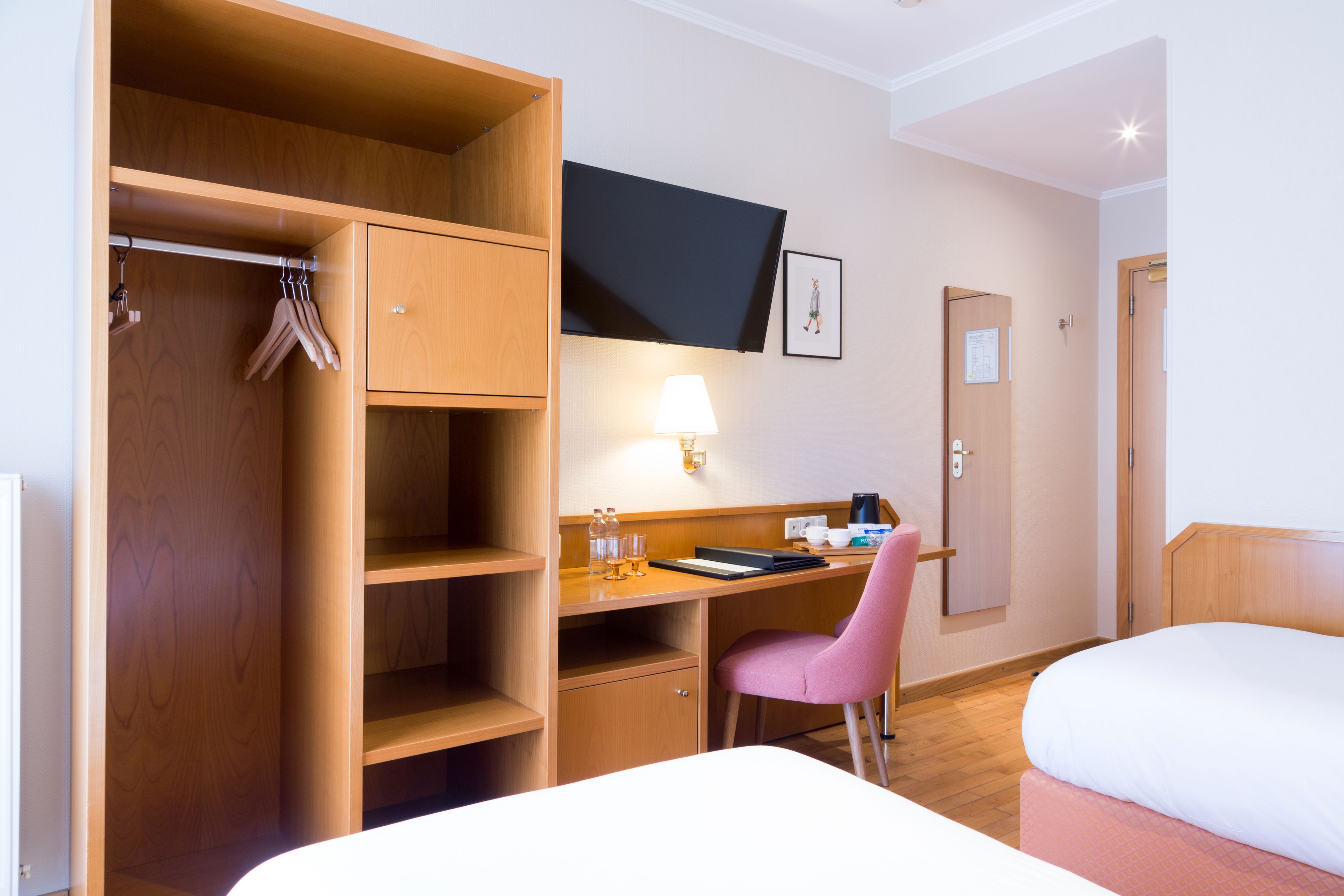standard twin room | in-room safe, desk, laptop workspace, soundproofing