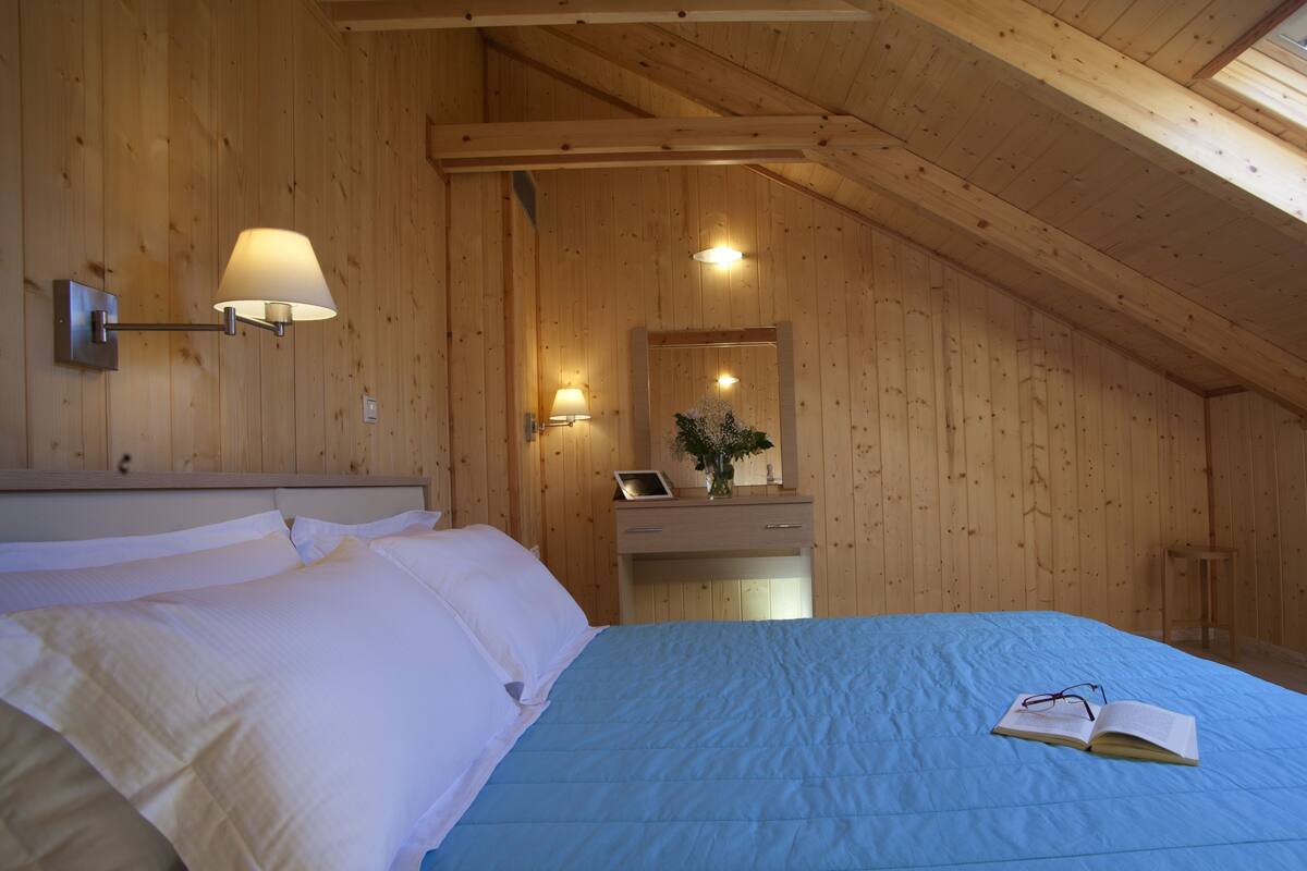 Une pièce en bois avec un lit, des lampes de chevet, une table de nuit et un miroir.
