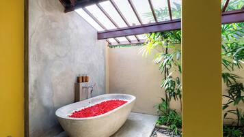 Separate bathtub and shower, free toiletries, hair dryer, bathrobes