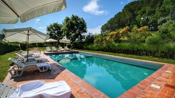 Outdoor pool, open 8:00 AM to 8:00 PM, pool umbrellas, sun loungers