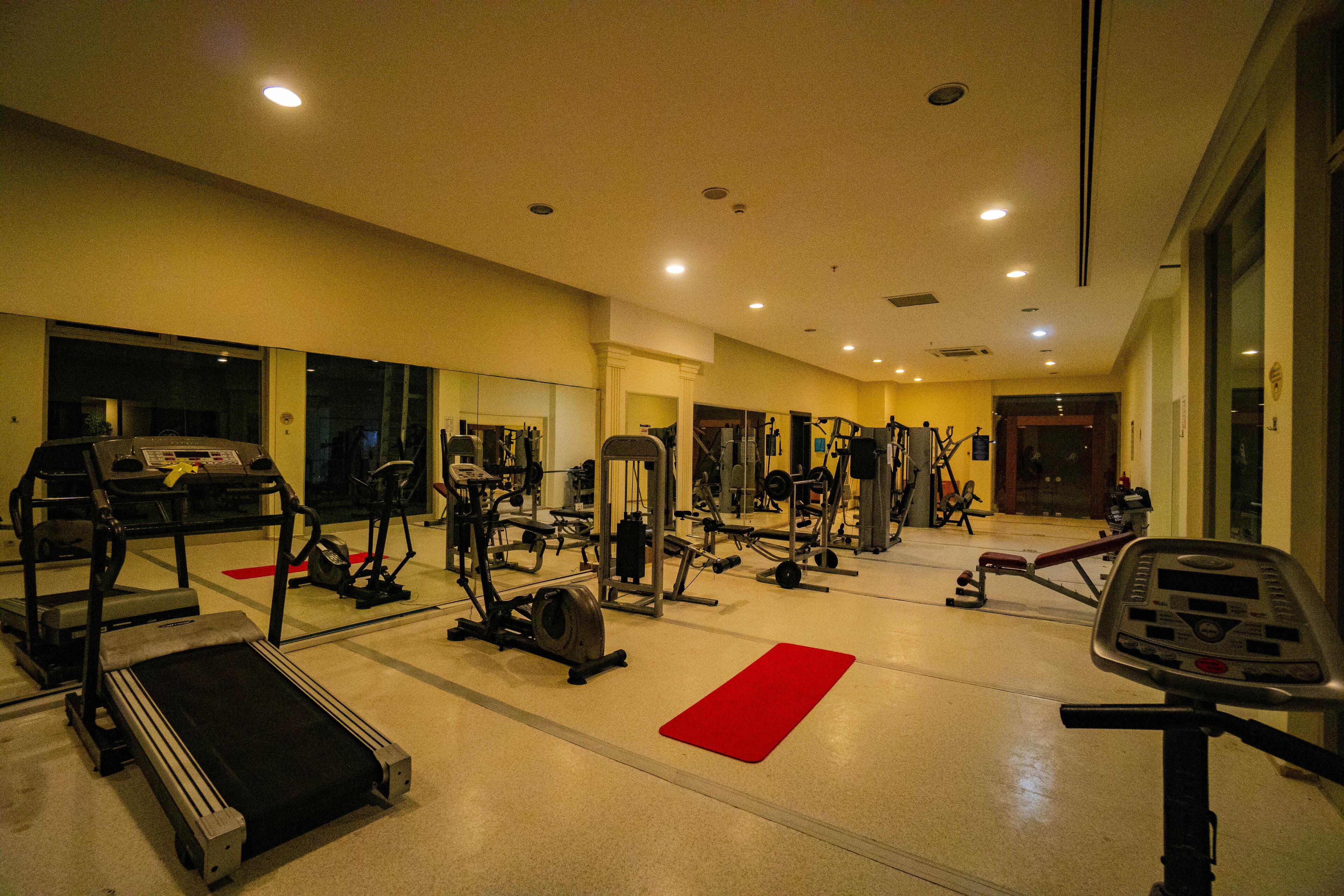 A gym with various exercise equipment, including treadmills, weight machines, and free weights.
