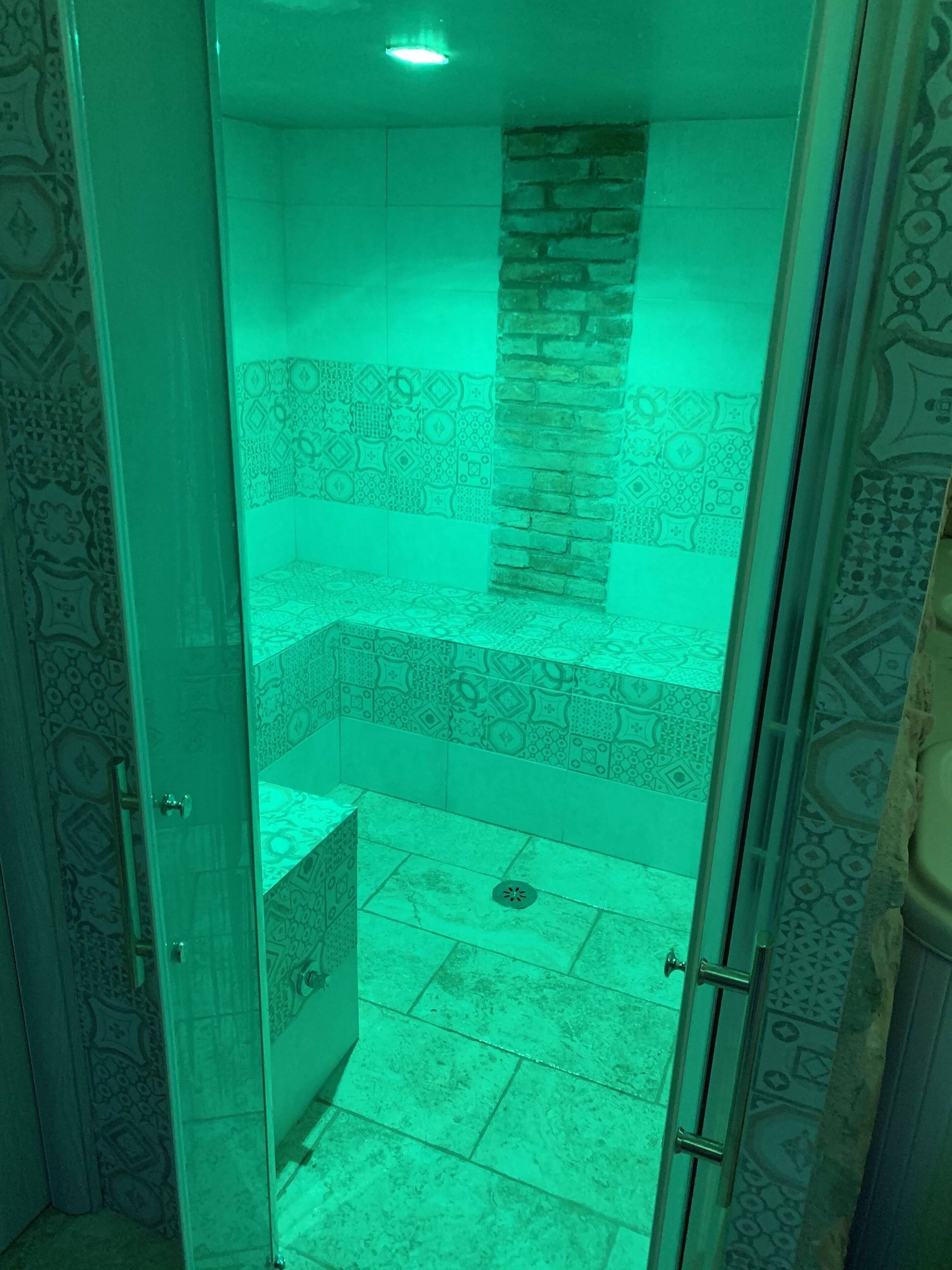 Un baño con baldosas estampadas, cabina de ducha de vidrio y pared de acento de piedra.