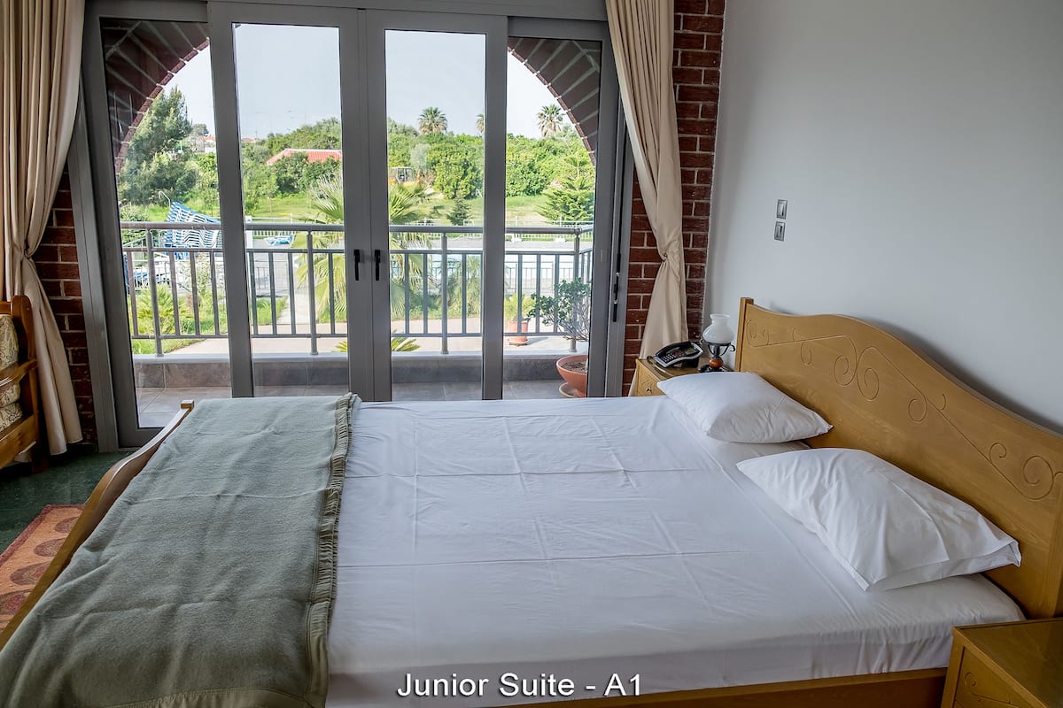 A junior suite with a large bed, a wooden headboard, a nightstand, and a view of a balcony with greenery.