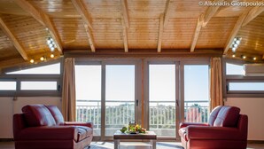 Una habitación amplia con techo de madera, grandes puertas correderas de vidrio y dos sofás de cuero rojo.