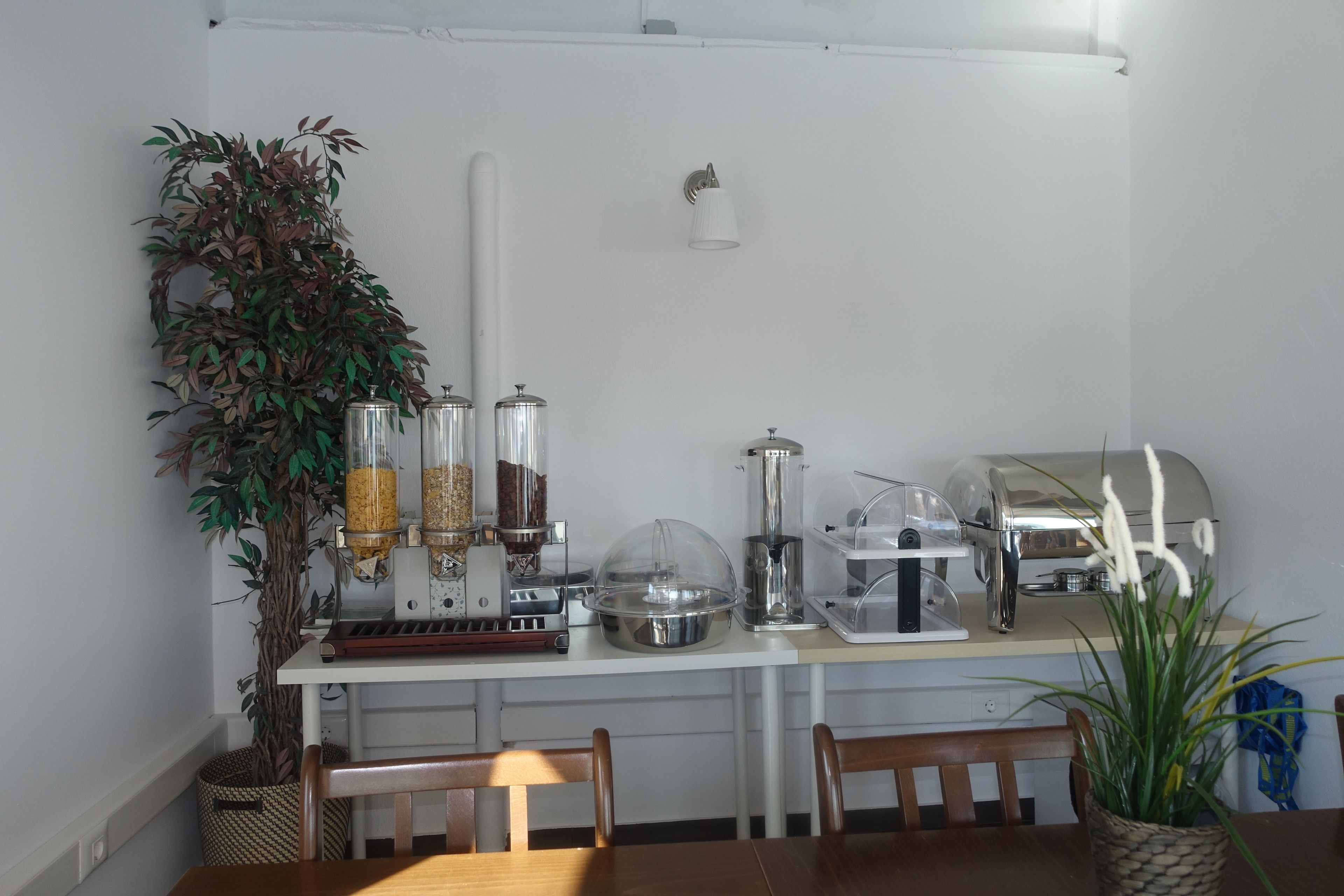Een keuken met een koffieapparaat, een blender en een plant.