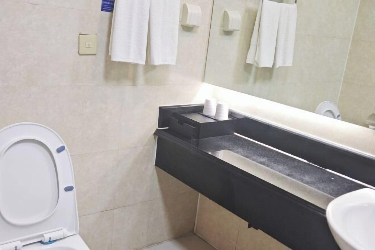 Un baño con inodoro, lavabo y espejo.