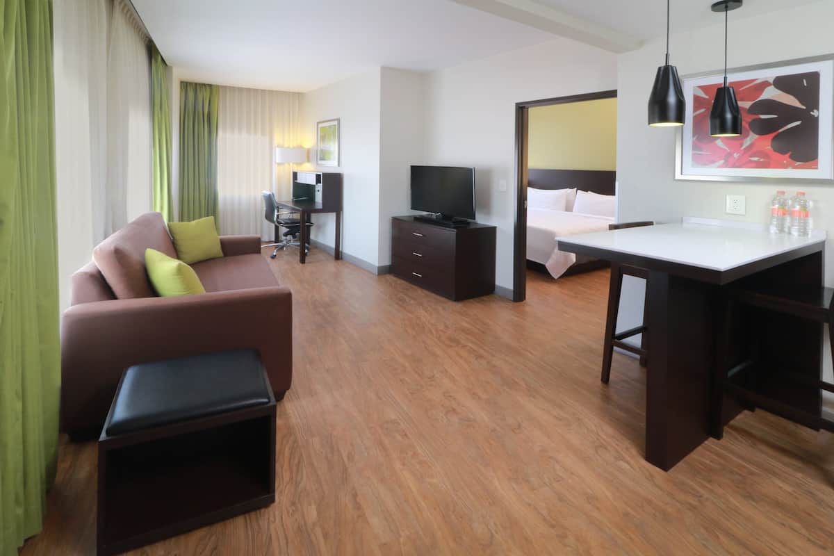 Une chambre d’hôtel avec un canapé marron, une petite table, un téléviseur, un bureau et un lit.