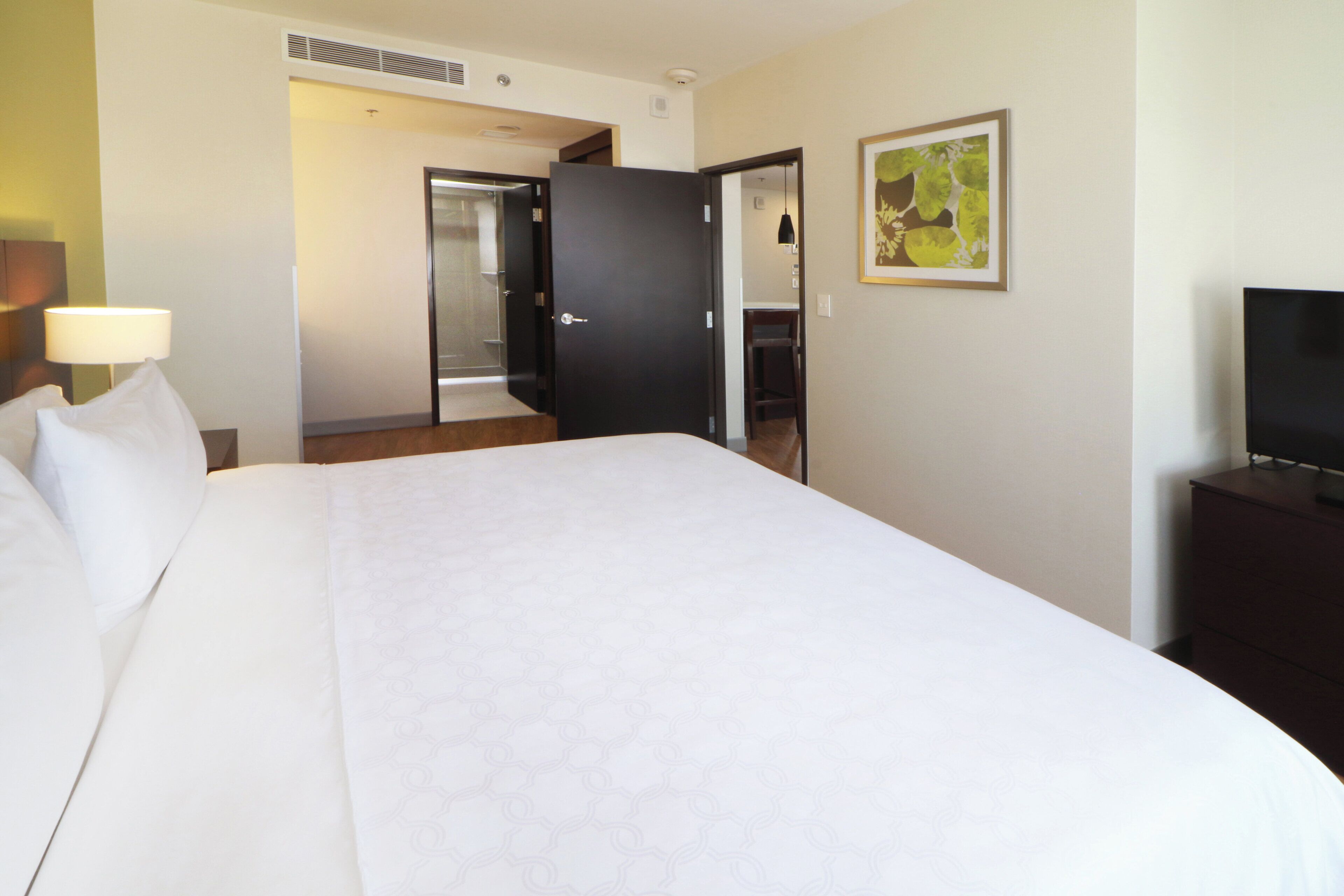 Una habitación de hotel con cama, televisor sobre un mueble, puerta que da a un baño y un cuadro en la pared.