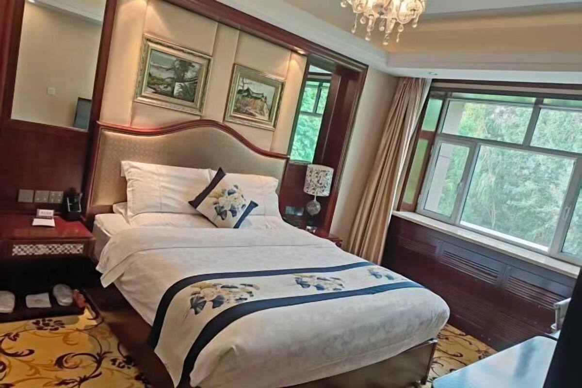 A hotel room with a large bed, a nightstand, a lamp, and a window with a view of greenery.