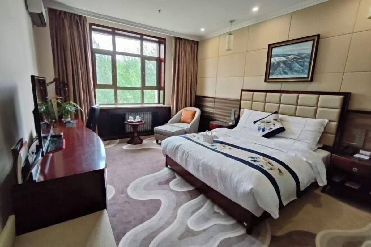 A hotel room with a bed, a desk, a chair, a radiator, and a window.