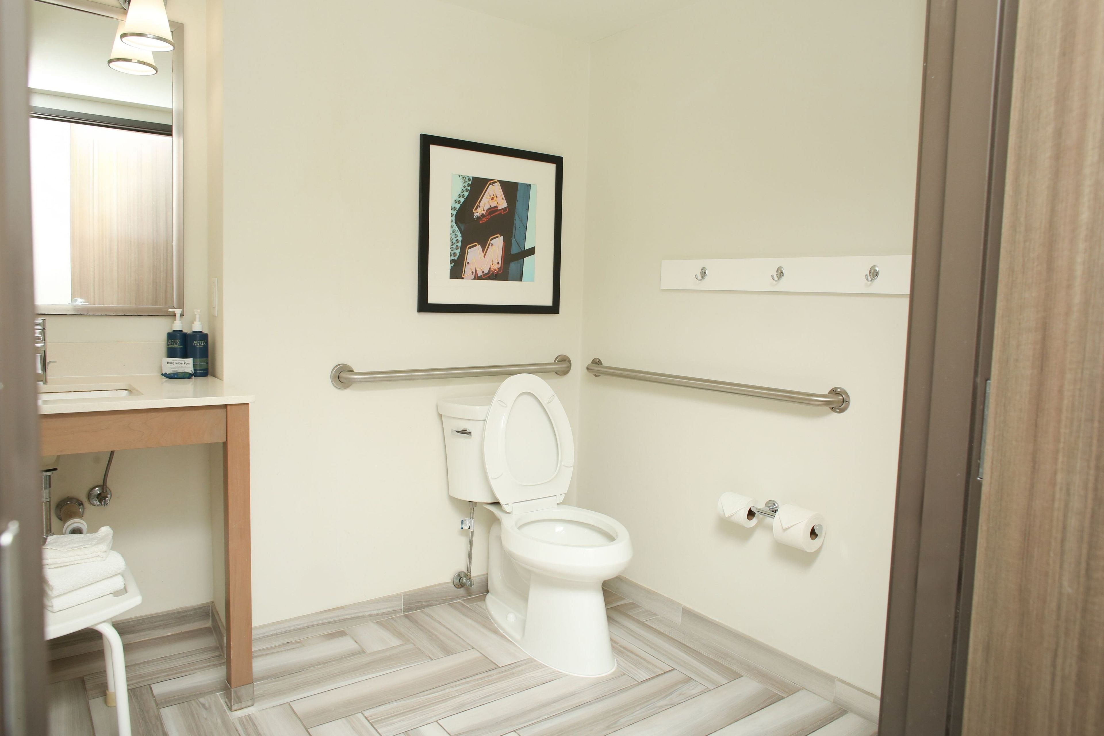A modern bathroom with a toilet, handrails, a sink, and a framed picture on the wall.
