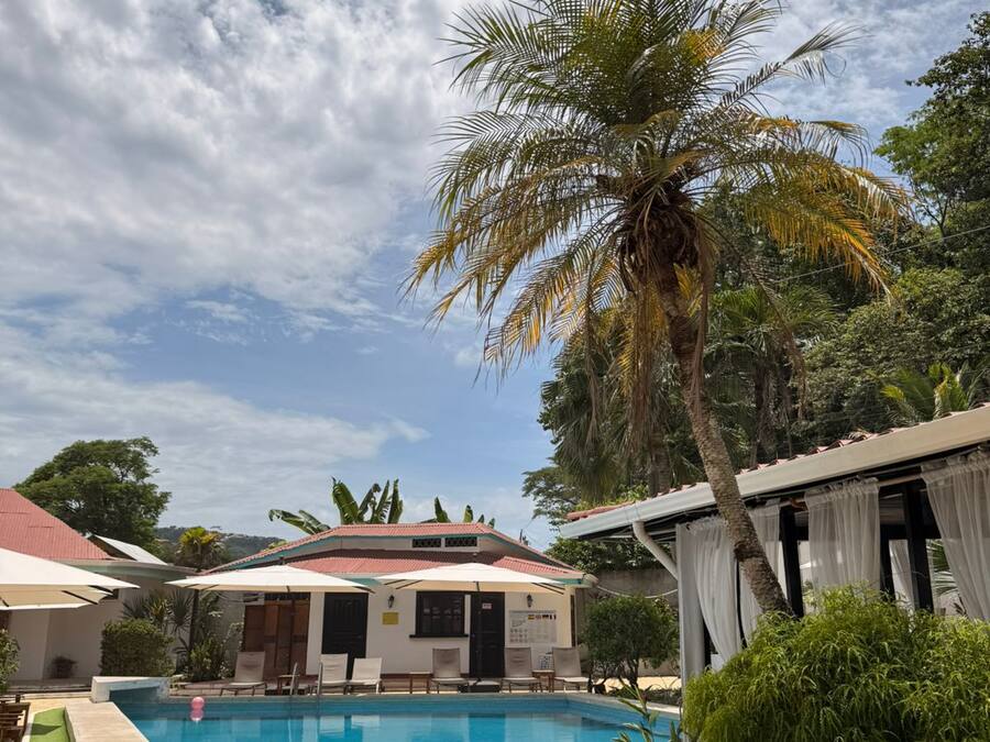 Una piscina con una palmera, un edificio de techo rojo y un cielo despejado.