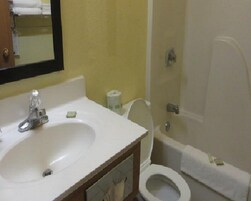 Bañera con ducha, secador de pelo, toallas