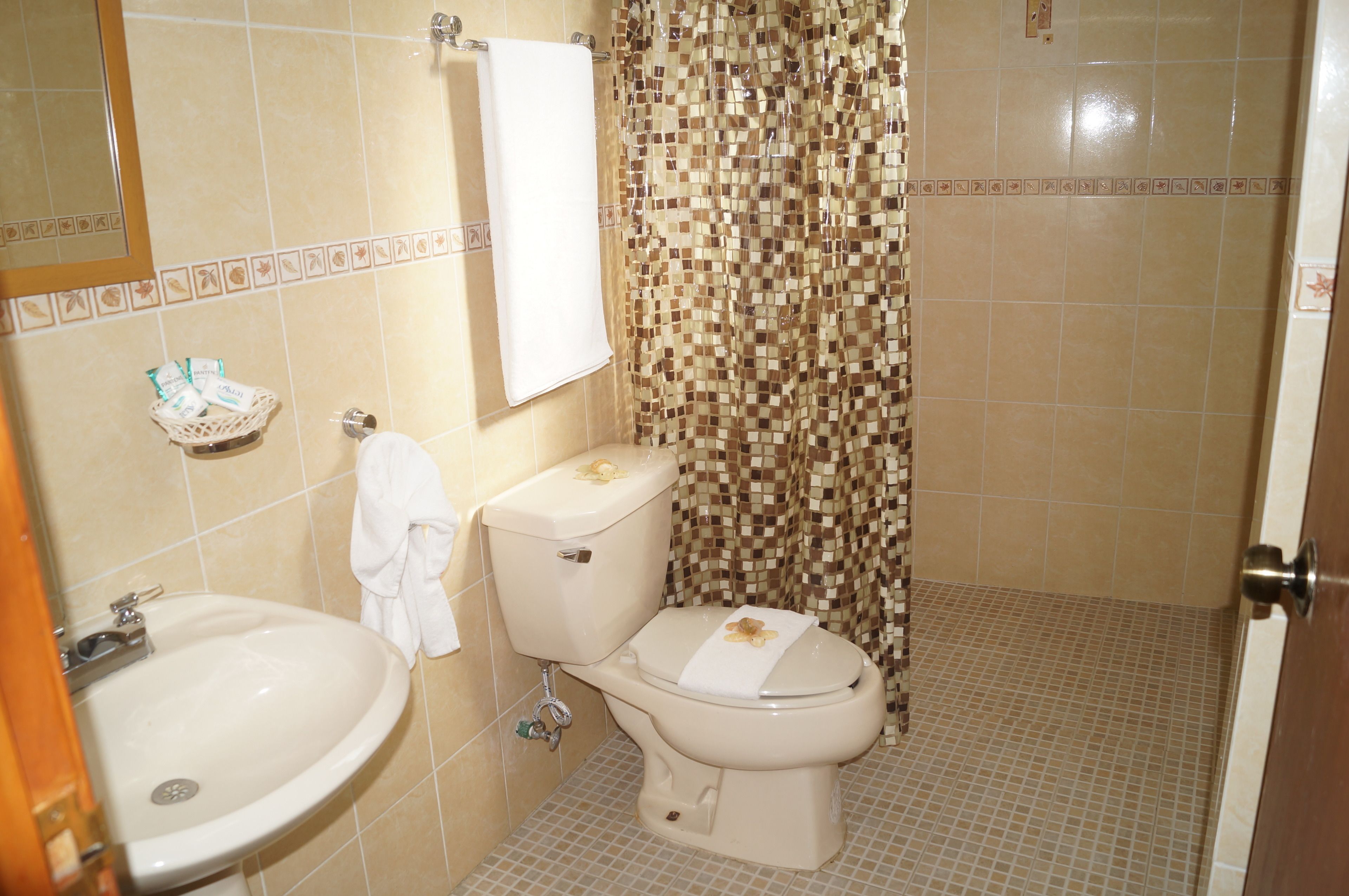 rainfall showerhead, free toiletries, towels