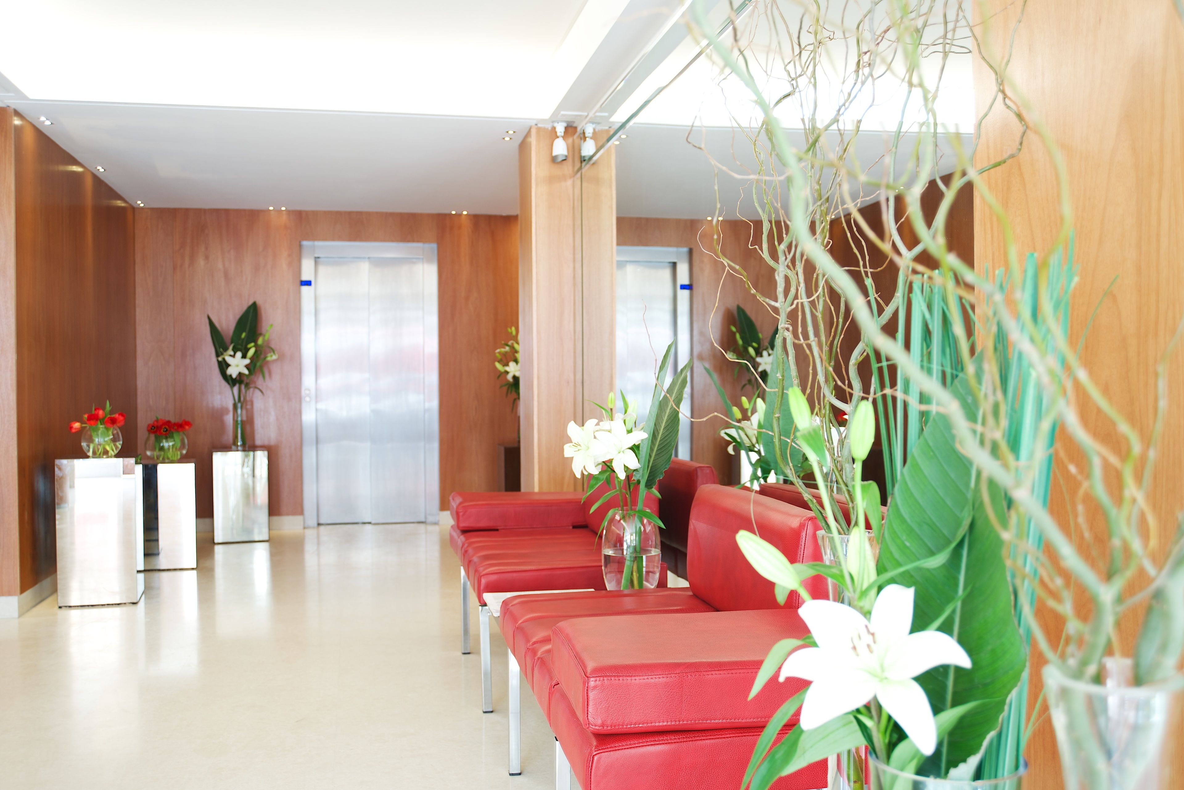 A modern waiting area with red seating, potted plants, and a clean, polished floor.