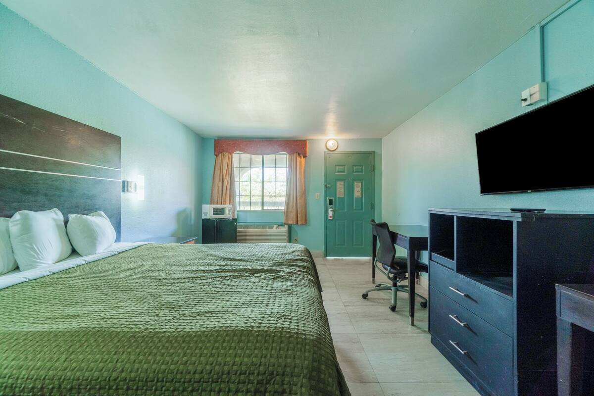 Una habitación con una cama, un escritorio, un televisor y una puerta.