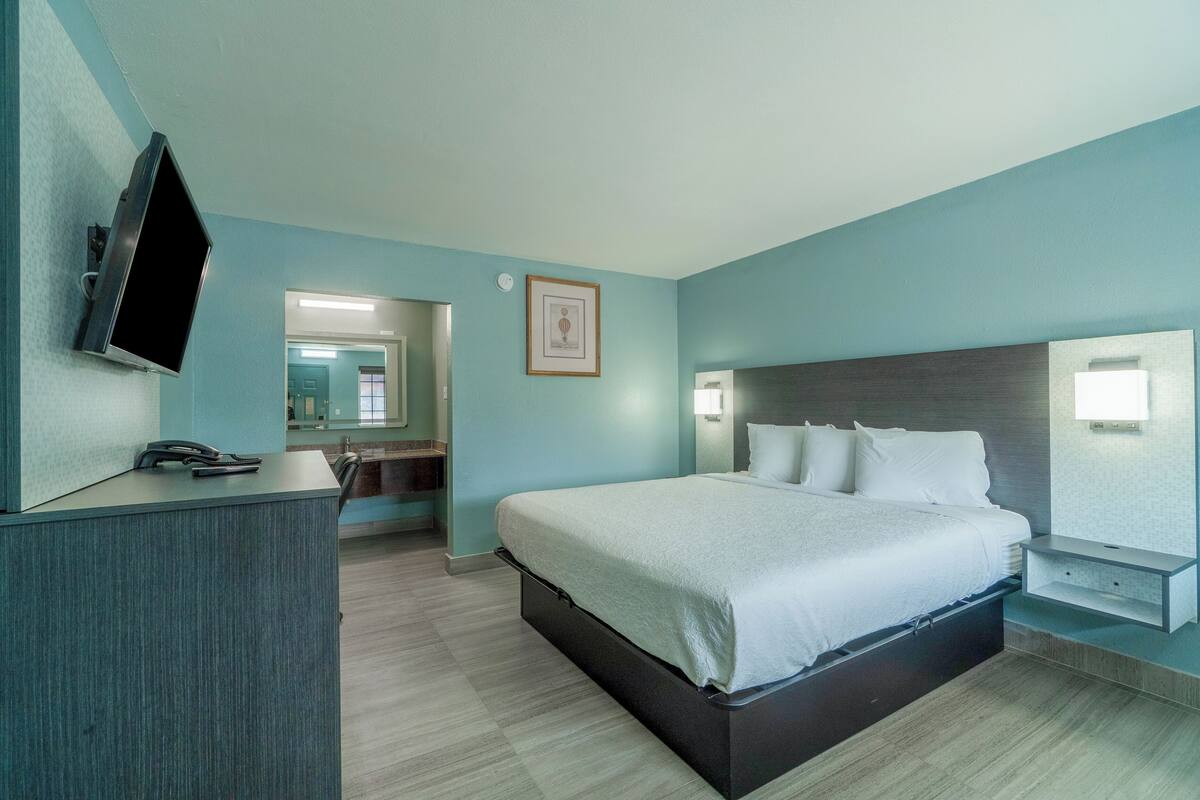 Una habitación de hotel moderna con una cama grande, un escritorio con teléfono, un televisor de pantalla plana montado en la pared y un cuadro enmarcado sobre la cama.