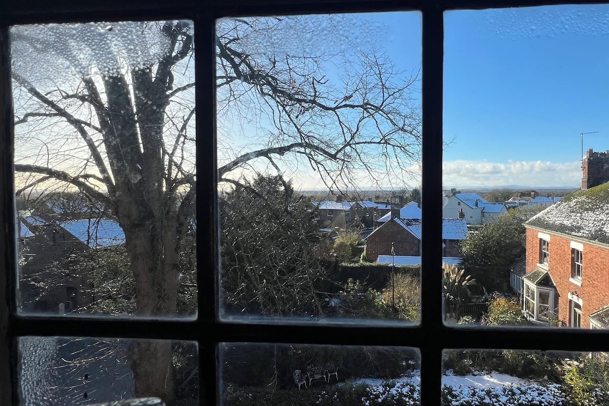 Una ventana con vistas a un paisaje nevado, un árbol y un edificio de ladrillo con chimenea.