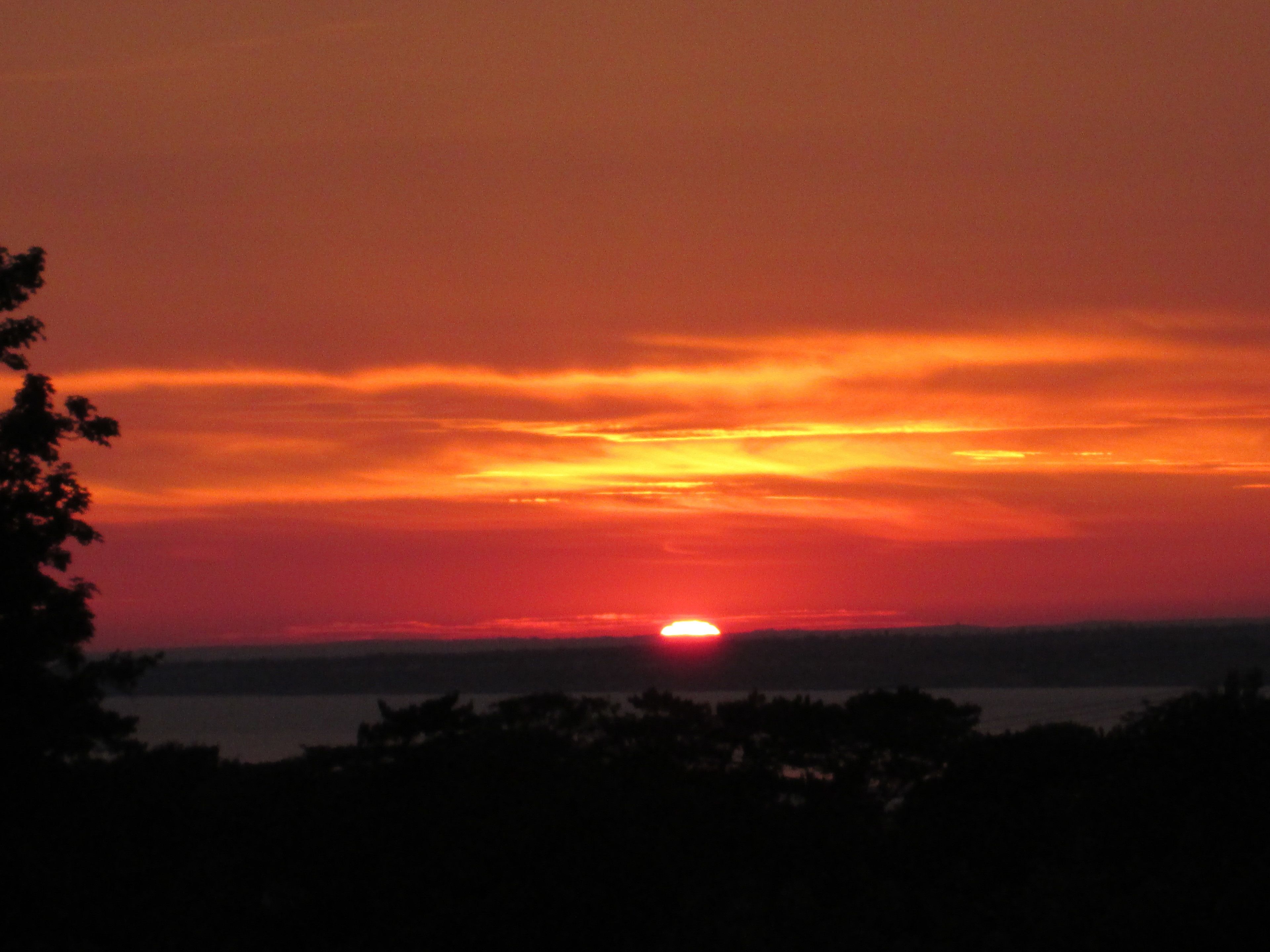 A sunset over a body of water with silhouettes of trees and a distant horizon.