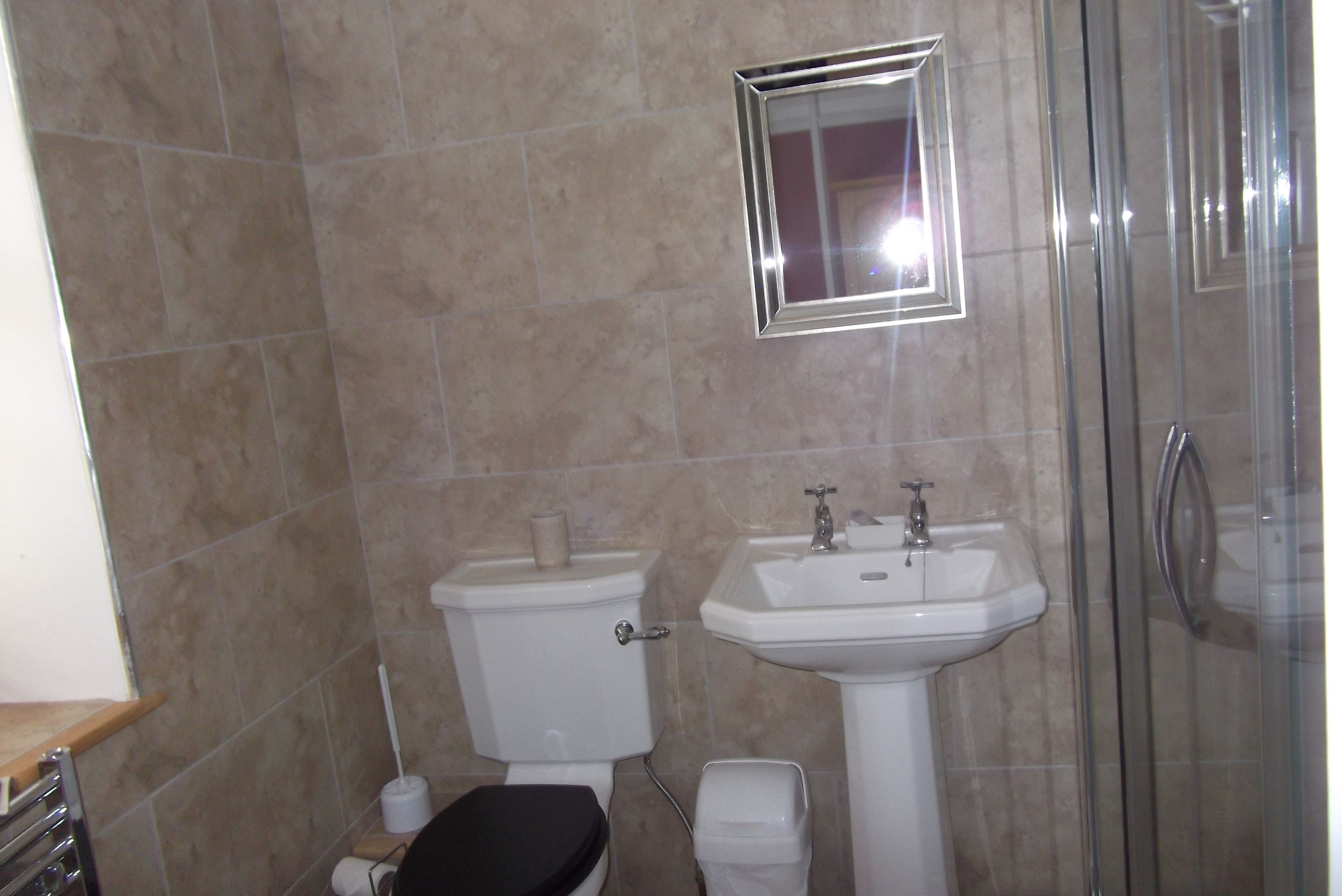 A bathroom with a toilet, sink, and glass shower enclosure.