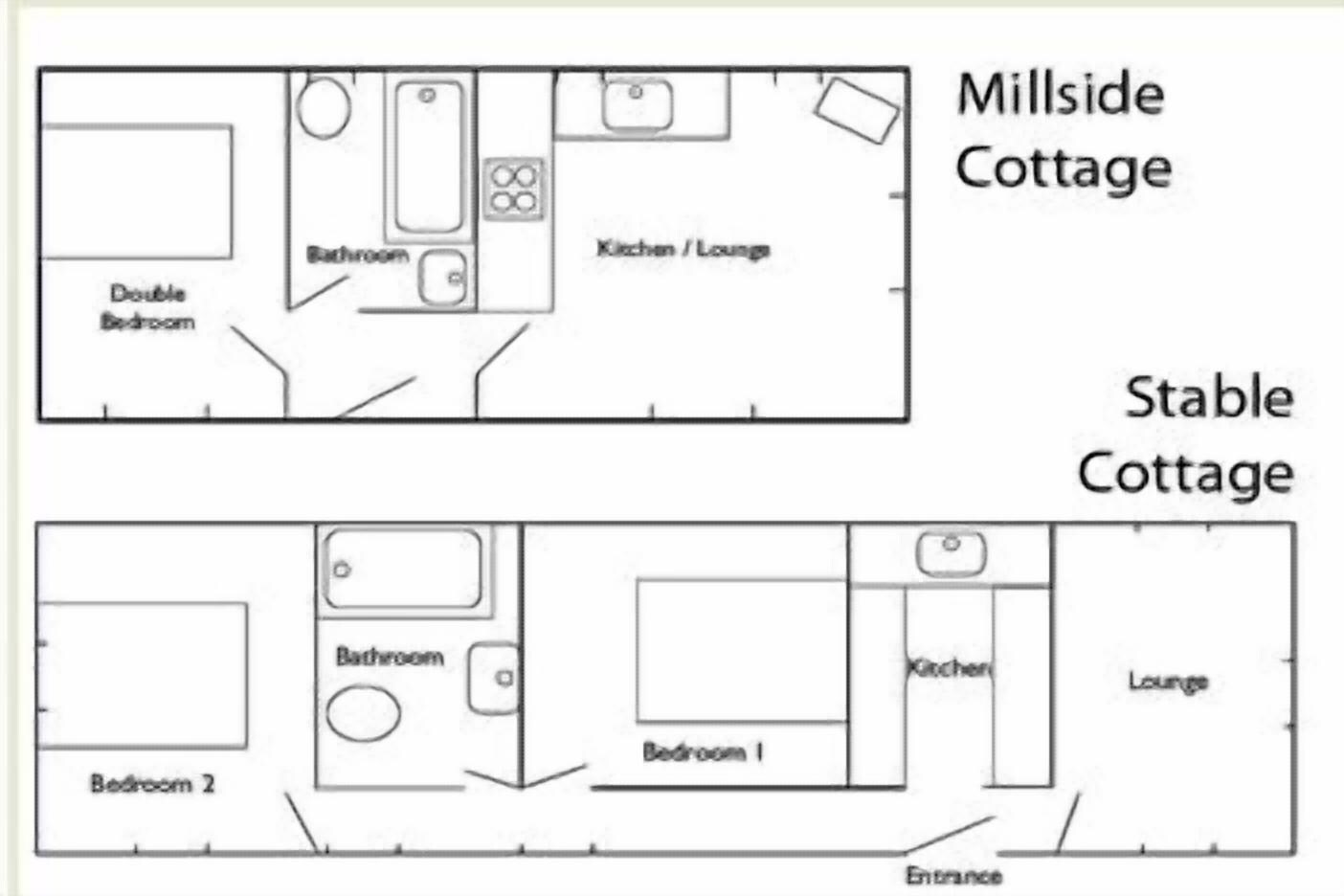 Plano de planta de una cabaña rústica con un dormitorio doble, un baño, cocina-salón y una sala de estar.