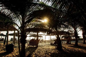Eine Strandansicht mit Palmen, Liegestühlen und einer Struktur mit Reetdach.
