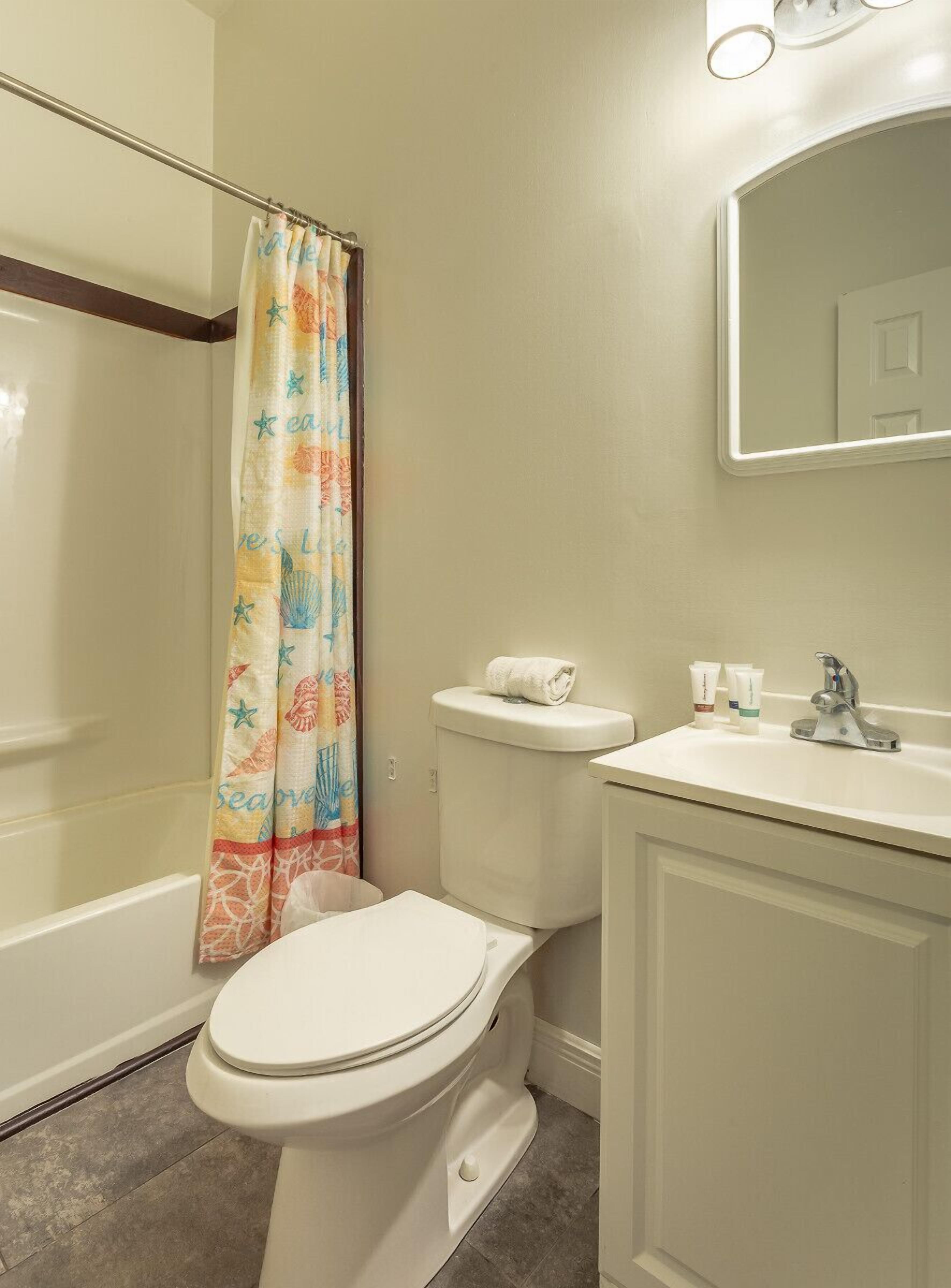A bathroom with a toilet, sink, and shower curtain.