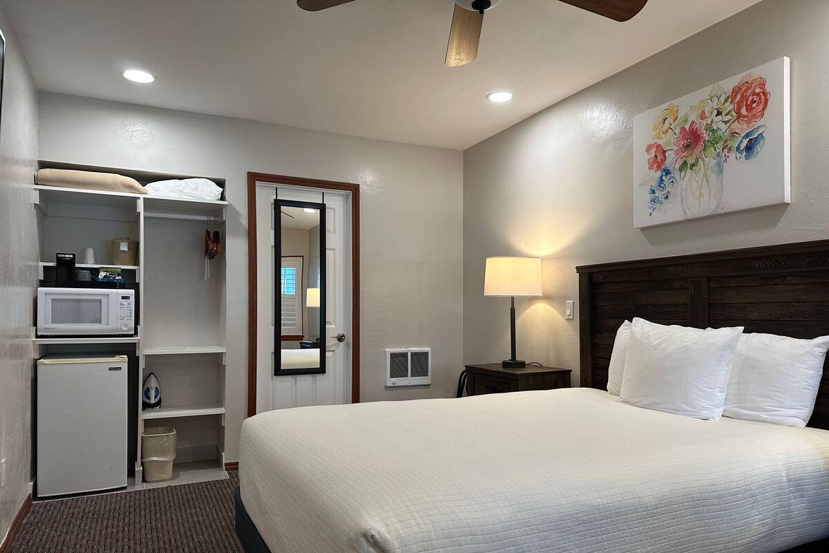 A hotel room with a bed, a microwave, a mini fridge, a closet, a nightstand with a lamp, and a painting on the wall.