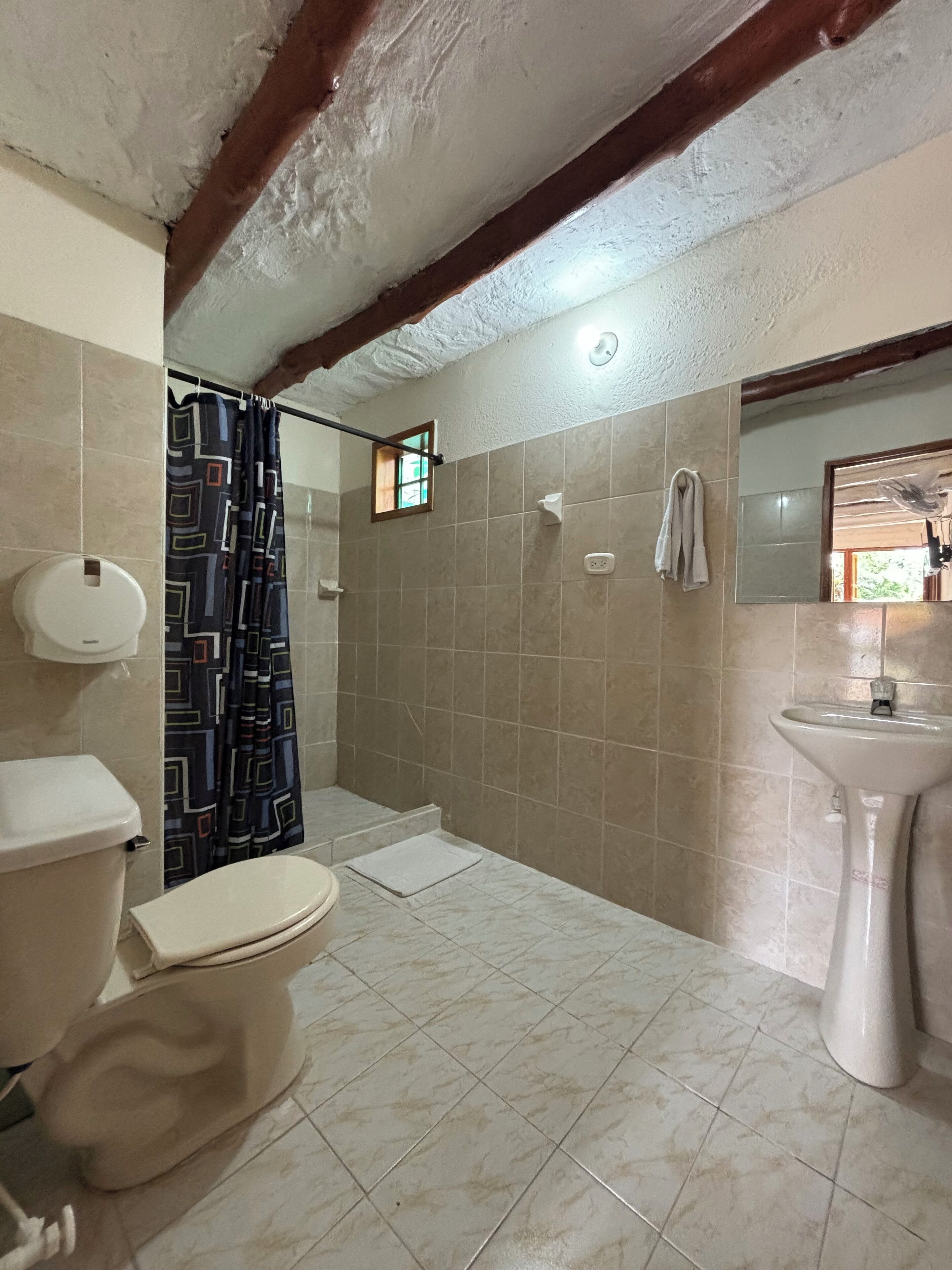 Ein Badezimmer mit Toilette, Dusche und Waschbecken.