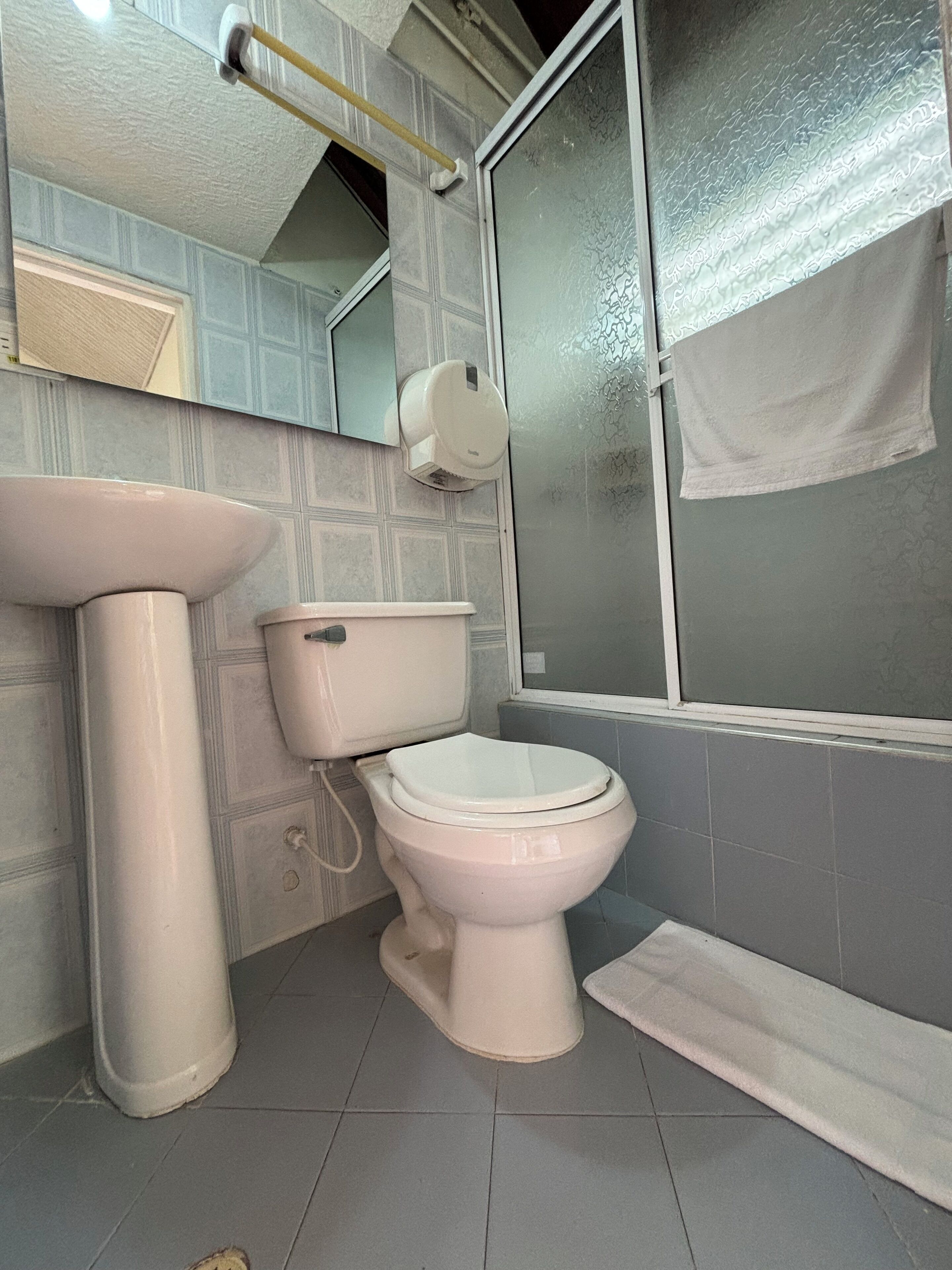 A bathroom with a pedestal sink, toilet, and a glass shower enclosure.