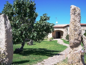 Stroll through the serene courtyard, surrounded by a large tree and stone pillars, to the traditional building with an arched doorway.