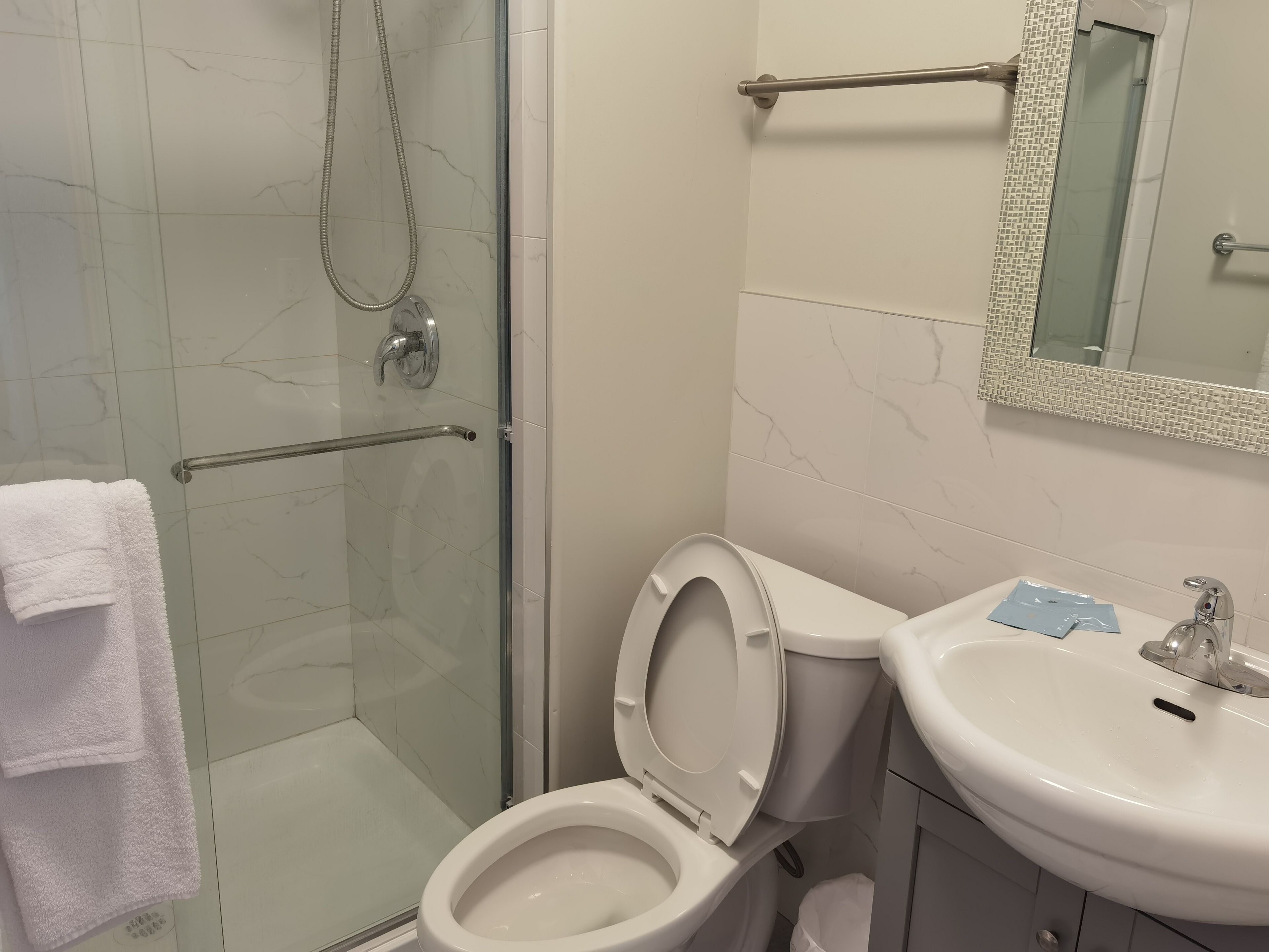 A bathroom with a glass-enclosed shower, a toilet, a sink, and a mirror with a mosaic frame.