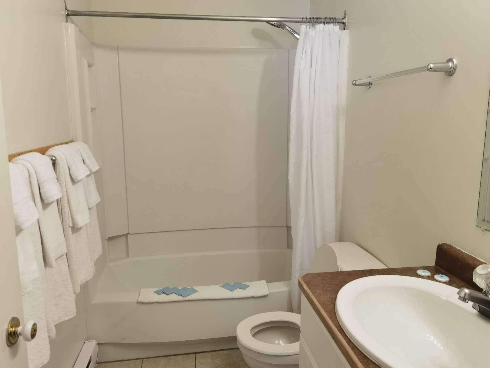 A bathroom with a shower, toilet, and sink.