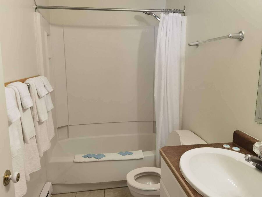 A bathroom with a shower, toilet, and sink.