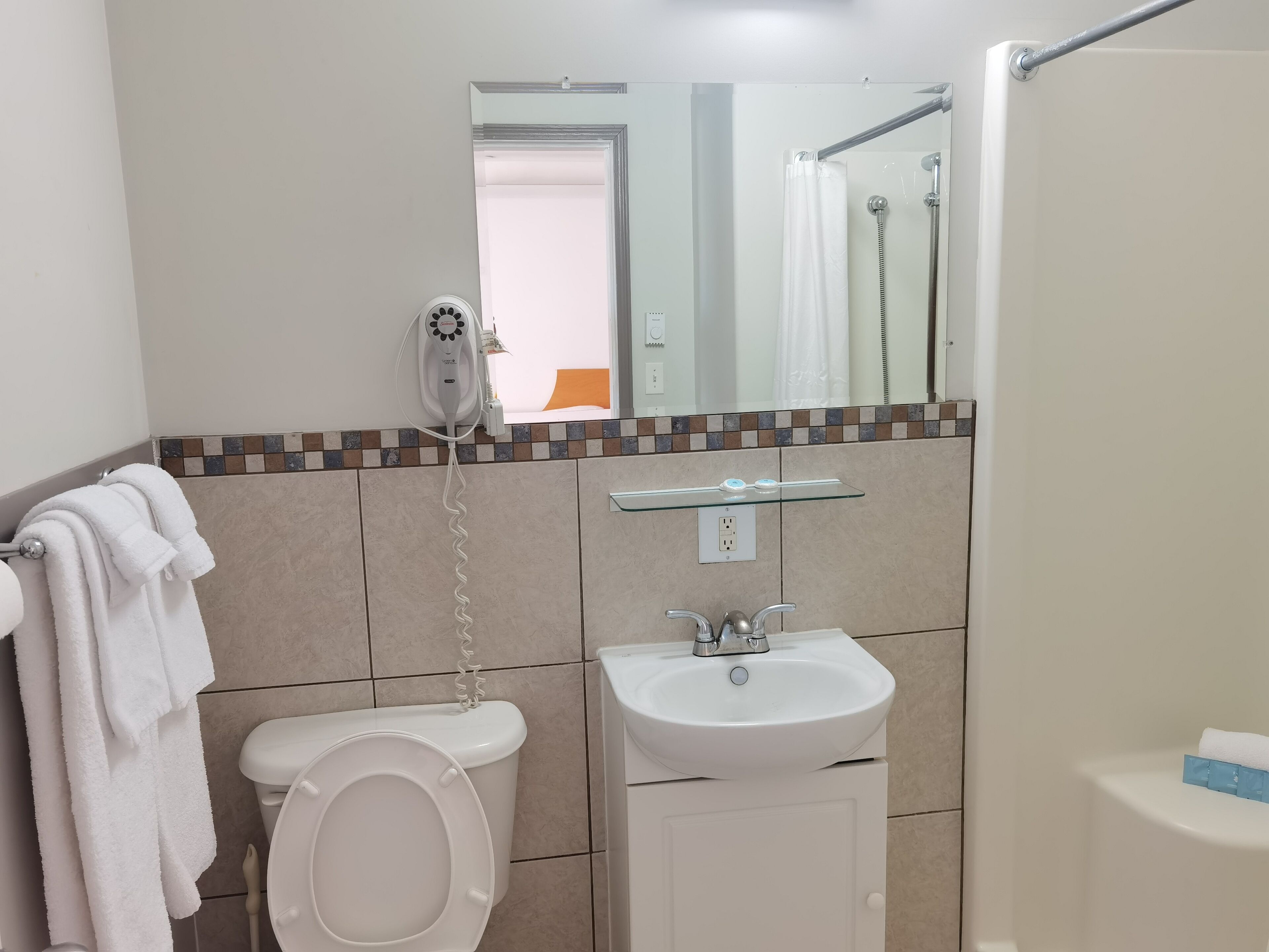 A bathroom with a toilet, a sink, and a shower.