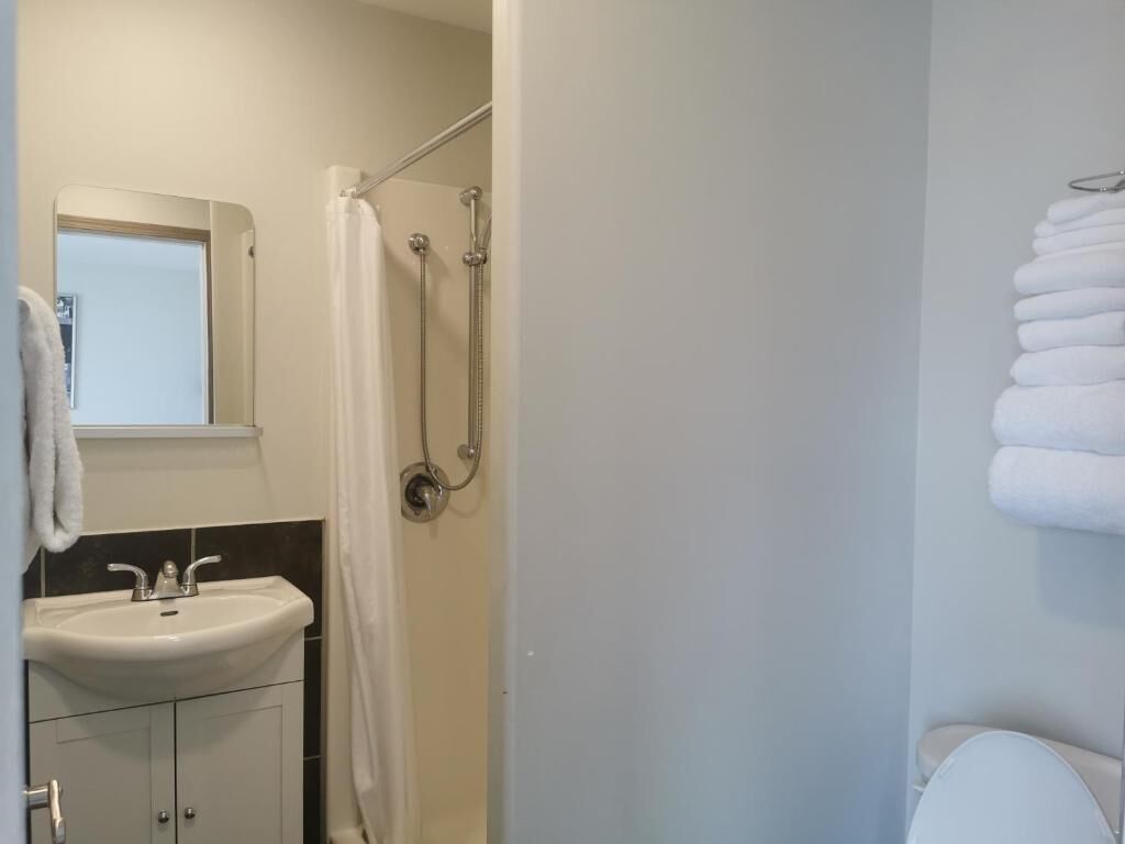A bathroom with a sink, mirror, shower, and toilet.