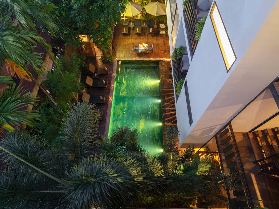 Outdoor pool, pool umbrellas, sun loungers